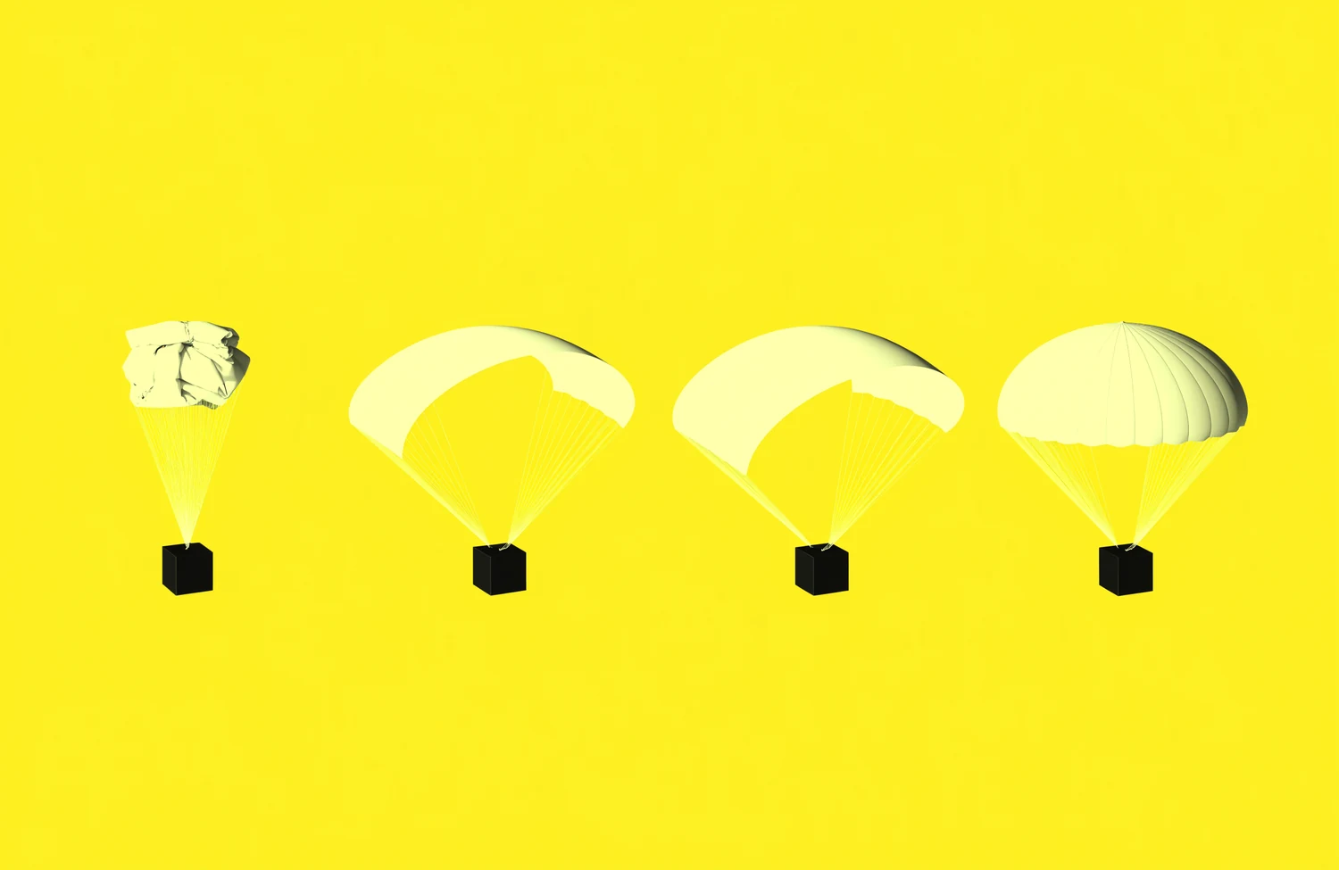 Four parachutes in sequence from packed to fully inflated