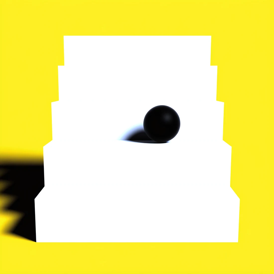 A white staircase with a black sphere resting on a lower step